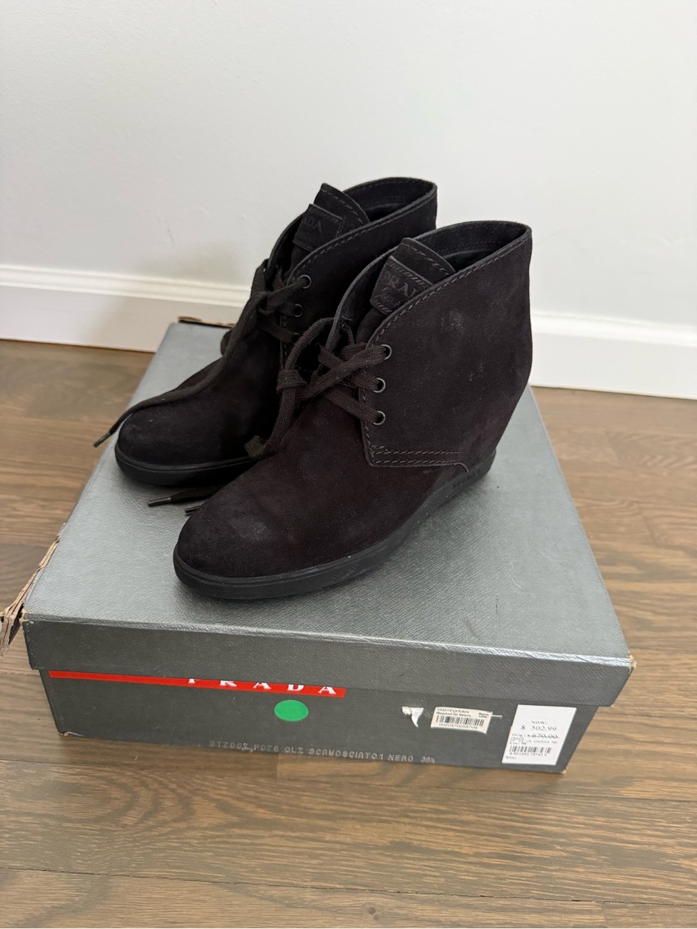 Prada Women's Black Suede Wedge Ankle Boots